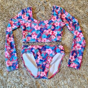 Art Class Girls' Pink & Blue Floral Long-Sleeve Two-Piece Swim Set XL (14) EUC
